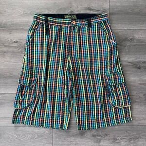Vintage Mecca Plaid Cargo Shorts Mens 38 Baggy Streetwear Y2K Multi Color Cotton